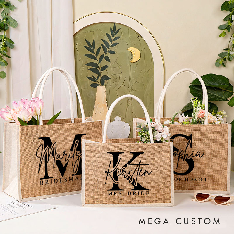 Personalized Bridesmaid Burlap Tote Bag Custom Bride Initials Tote Bag with White Side Wedding Jute Beach Bag Bridal Shower Bachelorette Party Gift
