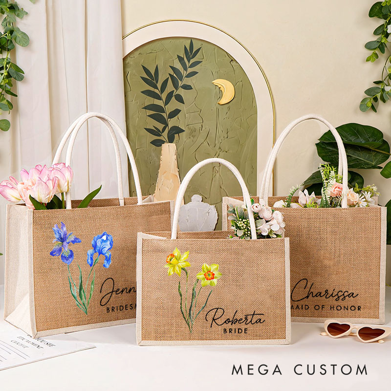 Personalized Bridesmaid Birth Flower Burlap Tote Bag with White Side Custom Bride Tote Bag Wedding Jute Beach Bag Bridal Shower Bachelorette Party Bag