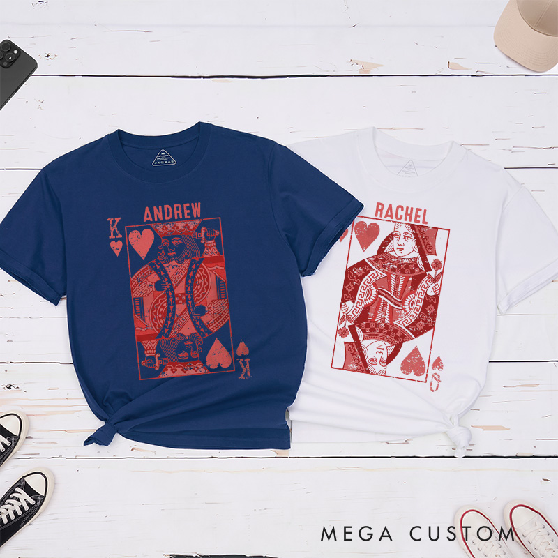 Personalized Couple Playing Cards King Queen of Hearts Matching T-Shirt Valentine's Day T-Shirt for Husband Wife Boyfriend Girlfriend Gift
