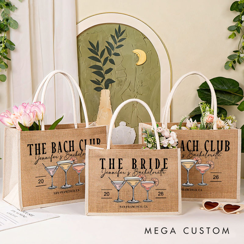 Personalized Bridesmaid The Bach Club Cocktail Burlap Tote Bag Bride Tote Bag Wedding Location Jute Beach Bag Bridal Shower Bachelorette Party Gift