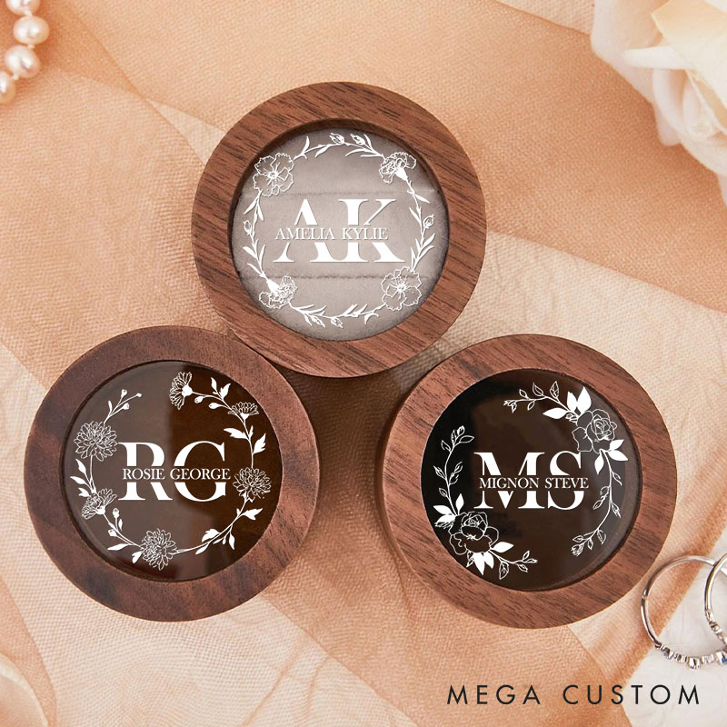 Personalized Couple Wedding Birth Floral Wreath Wood Ring Box Newlyweds Initial Name Ring Box with Acrylic Cover Engaged Ring Holder Husband Wife Gift