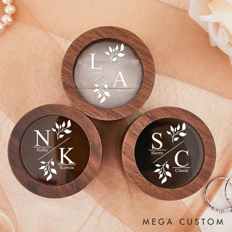 Personalized Couple Wedding Delicate Leaf Wood Ring Box Newlyweds Initials Name Ring Box with Acrylic Cover Engaged Ring Holder Husband Wife Gift