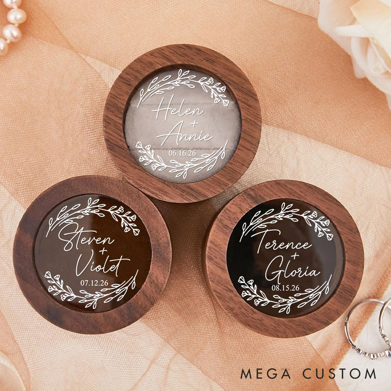 Personalized Couple Wedding Romantic Wreath Wood Ring Box Custom Newlyweds Name Ring Box with Acrylic Cover Engaged Date Ring Holder Husband Wife Gift