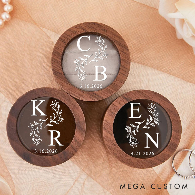 Personalized Couple Wedding Floral Leaf Wood Ring Box Custom Newlyweds Initials Ring Box with Acrylic Cover Engaged Date Ring Holder Husband Wife Gift