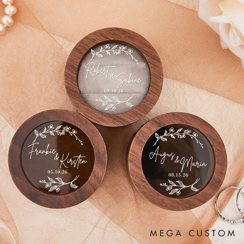 Personalized Couple Wedding Elegant Floral wreath Wood Ring Box Newlyweds Name Ring Box with Acrylic Cover Engaged Date Ring Holder Husband Wife Gift
