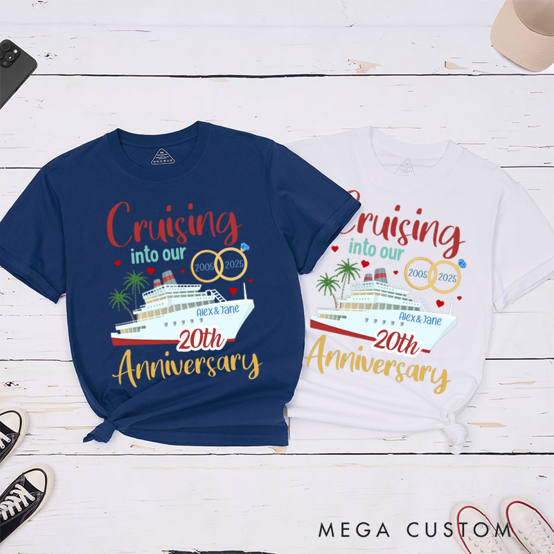 Personalized Couple 20th Cruise Anniversary T-Shirt Cruising into Our 20th Anniversary Shirt Romantic Celebration Anniversary Tees