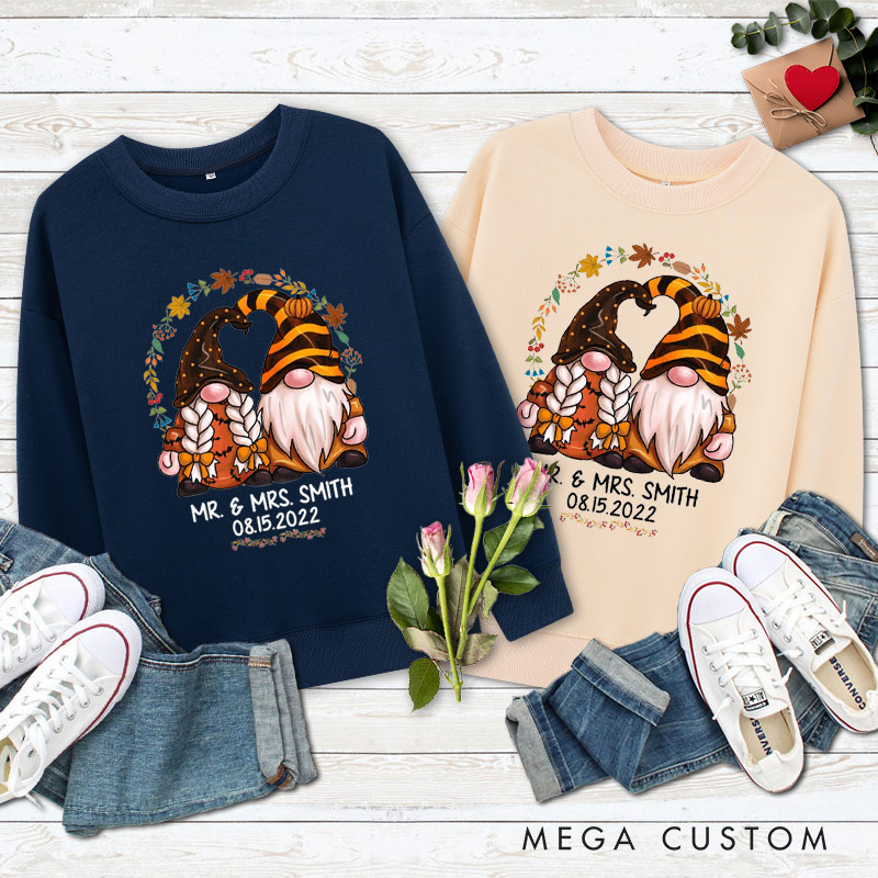 Personalized Mr and Mrs Autumn Gnome Couple Halloween Couple Sweatshirt
