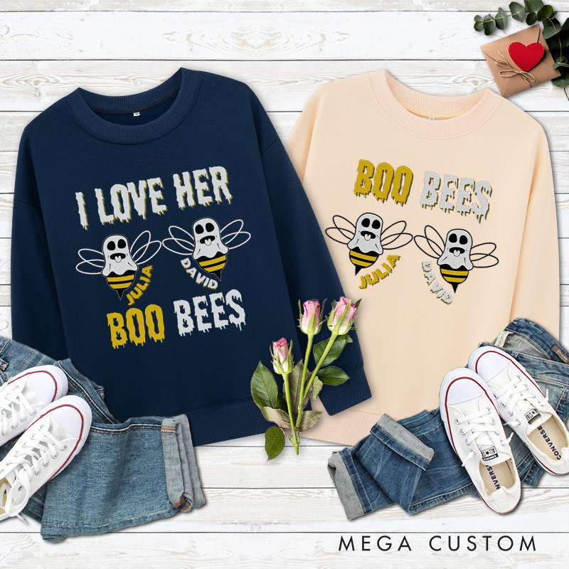 Personalized I Love Her Boo Bees and Boo Bees Halloween Couple Sweatshirt