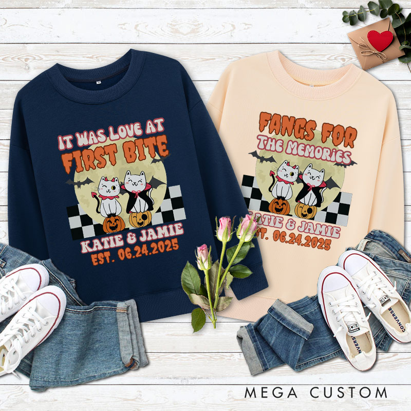 Personalized Love at First Bite and Fangs for the Memories Cat Couple Halloween Couple Sweatshirt