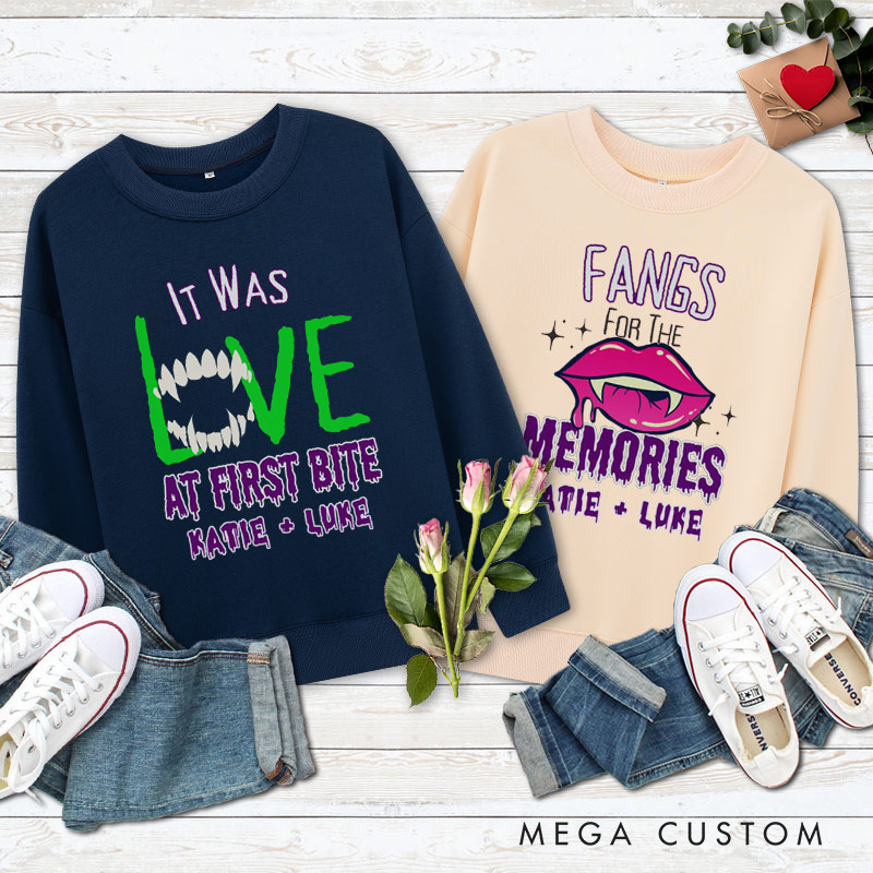 Personalized Love at First Bite & Fangs for the Memories Halloween Couple Sweatshirt