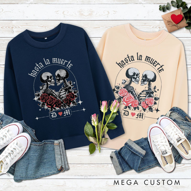 Personalized Hasta La Muerte Skeleton Couple with Roses Halloween Couple Sweatshirt