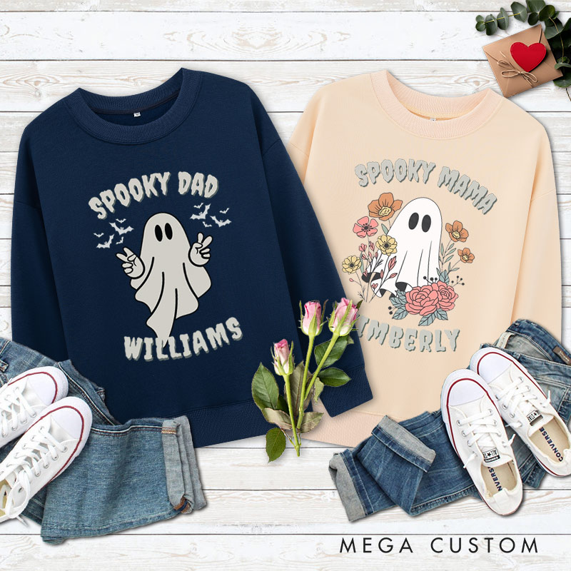 Personalized Spooky Dad and Spooky Mama Couple Ghost Halloween Couple Sweatshirt