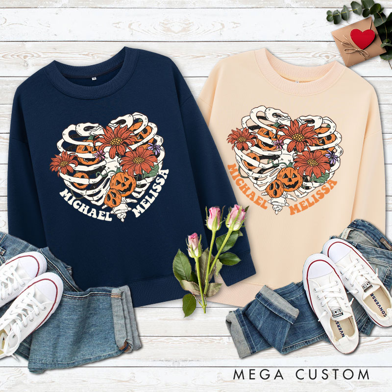 Personalized Floral Skeleton Ribcage with Pumpkins Halloween Couple Sweatshirt