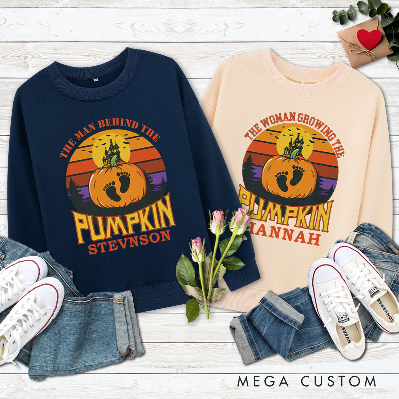 Personalized The Man Behind the Pumpkin and The Woman Growing the Pumpkin Halloween Couple Sweatshirt