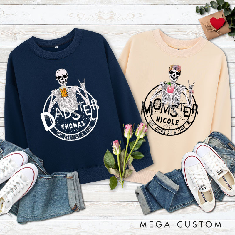 Personalized Dadster and Momster Skeleton Couple Halloween Couple Sweatshirt
