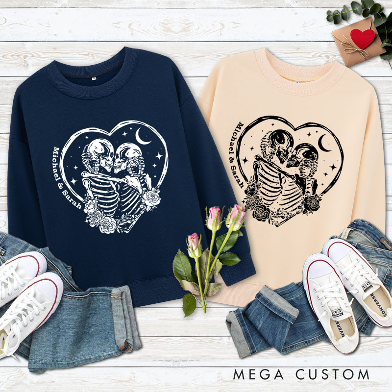 Personalized Eternal Love Skeleton Couple in Heart Halloween Couple Sweatshirt