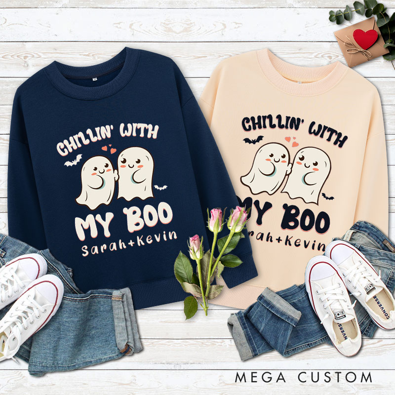 Personalized Chillin' with My Boo Ghost Couple Halloween Couple Sweatshirt