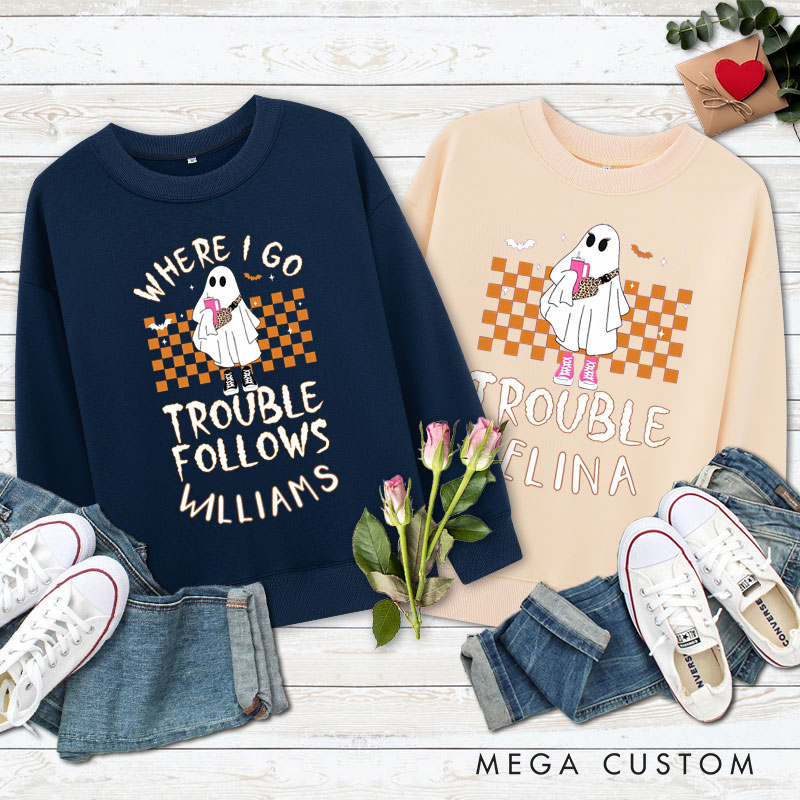 Personalized Where I Go Trouble Follows Ghost with Checkered Background Halloween Couple Sweatshirt