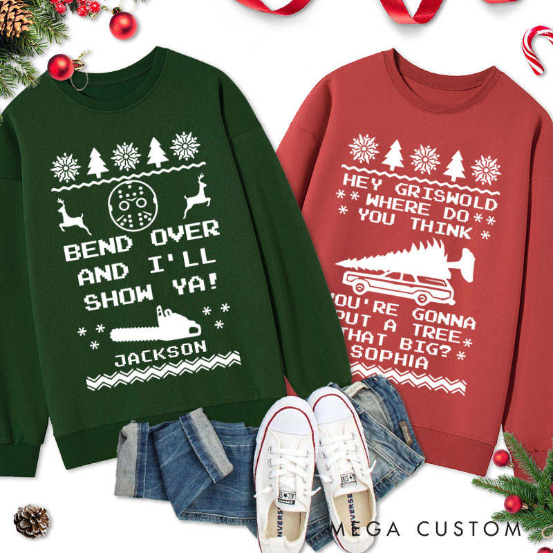 Personalized Couple Bend Over and I’ll Show Ya Christmas Sweatshirt Couple Xmas Ugly Sweater Matching Sweatshirt for Husband Wife Boyfriend Girlfriend