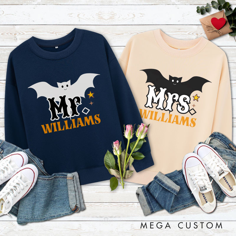 Personalized Mr and Mrs Bat Design with Halloween Theme Couple Sweatshirt