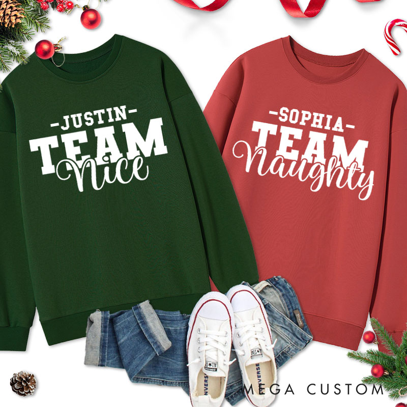 Personalized Couple Team Nice and Team Naughty Christmas Sweatshirt Couple Xmas Matching Crewneck Sweatshirt for Husband Wife Boyfriend Girlfriend