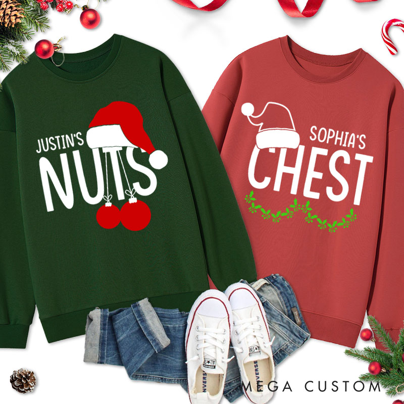 Personalized Couple Nuts and Chest Christmas with Santa Hat Matching Sweatshirt Couple Xmas Antler Sweatshirt for Husband Wife Boyfriend Girlfriend