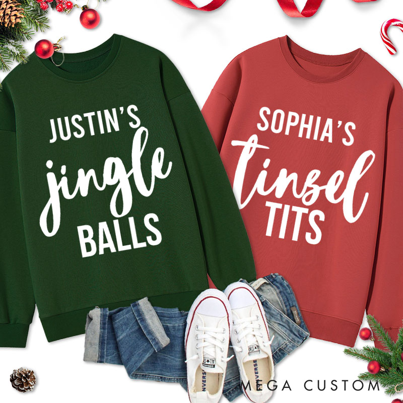 Personalized Couple Minimalist Jingle Balls and Tinsel Tits Christmas Sweatshirt Couple Xmas Matching Sweatshirt for Husband Wife Boyfriend Girlfriend