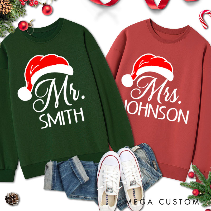 Personalized Couple Mr. and Mrs. with Santa Hats Christmas Sweatshirt Couple Xmas Matching Crewneck Sweatshirt for Husband Wife Boyfriend Girlfriend