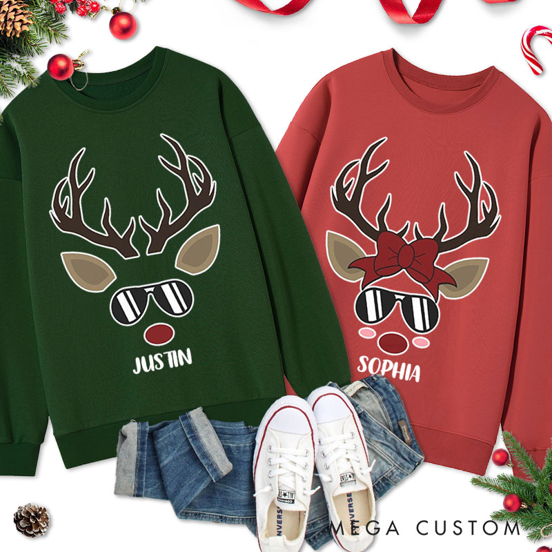 Personalized Couple Cool Reindeer with Sunglasses Christmas Sweatshirt Couple Chic Reindeer with Bow Sweatshirt for Husband Wife Boyfriend Girlfriend