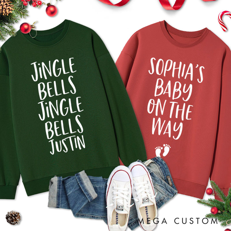 Personalized Couple Jingle Bells Jingle Bells Baby on the Way Christmas Sweatshirt Couple Xmas Matching Sweatshirt for Husband Wife Hubby Wifey