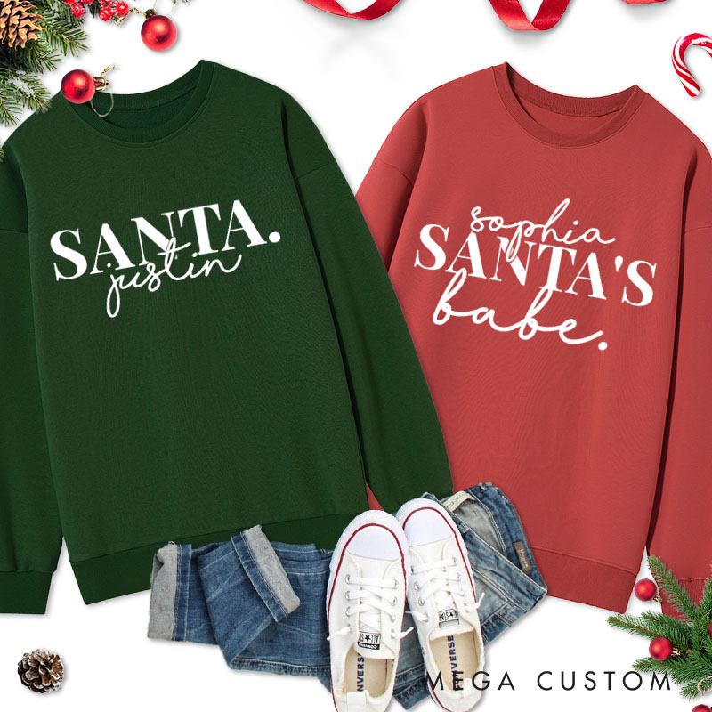 Personalized Couple Santa and Santa's Babe Christmas Sweatshirt Couple Xmas Matching Crewneck Sweatshirt for Husband Wife Boyfriend Girlfriend