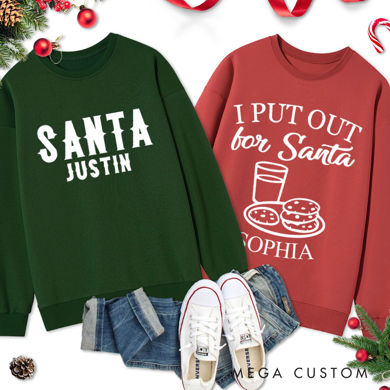 Personalized Couple Cute Santa and I Put Out for Santa Christmas Sweatshirt Couple Xmas Matching Sweatshirt for Husband Wife Boyfriend Girlfriend