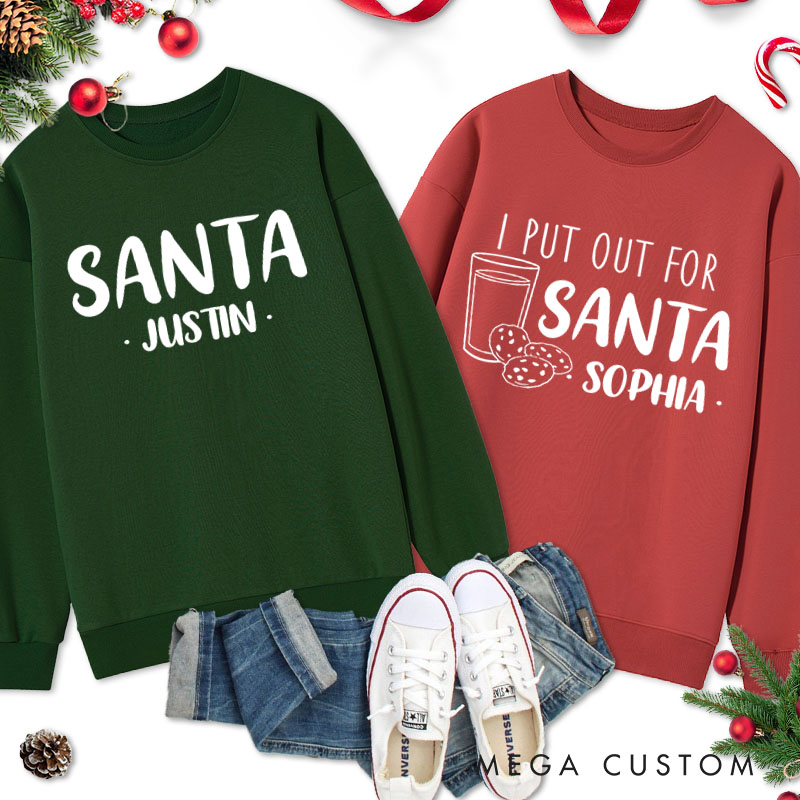 Personalized Couple Cute Santa and I Put Out for Santa Christmas Sweatshirt Xmas Fun Milk and Cookie Sweatshirt for Husband Wife Boyfriend Girlfriend