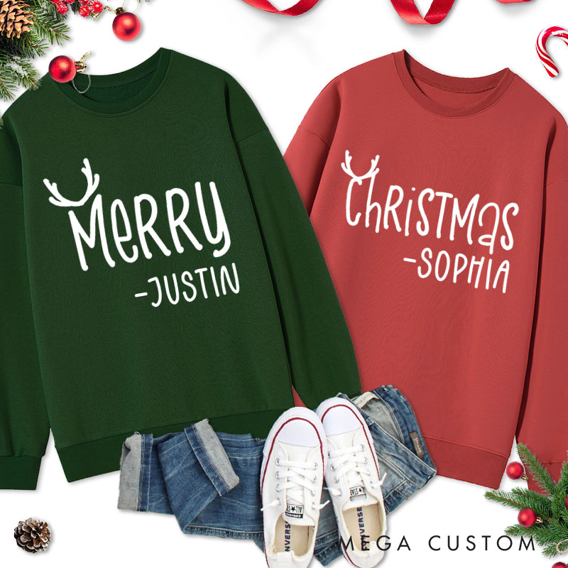 Personalized Couple Cute Merry and Christmas with Antler Sweatshirt Couple Xmas Crewneck Sweatshirt for Husband Wife Boyfriend Girlfriend