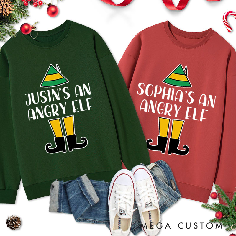 Personalized Couple He's an Angry Elf Christmas Sweatshirt Couple Xmas She's an Angry Elf Matching Sweatshirt for Husband Wife Boyfriend Girlfriend