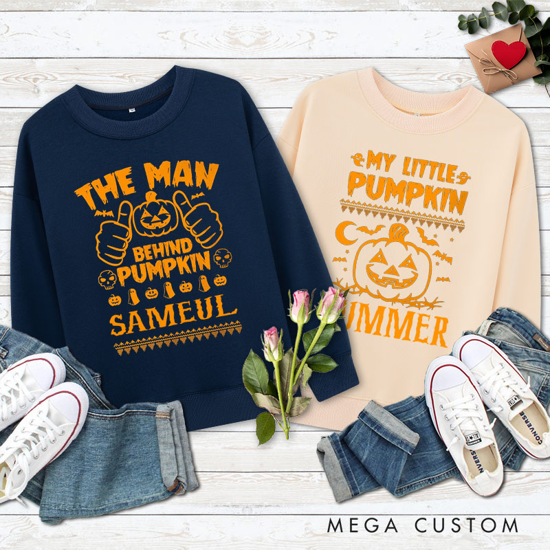 Personalized The Man Behind Pumpkin and My Little Pumpkin Halloween Couple Sweatshirt