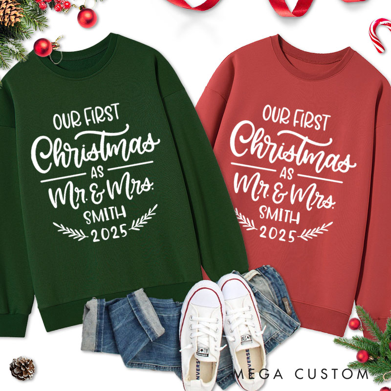 Personalized Couple Our First Christmas as Mr. and Mrs with Wreath Sweatshirt Couple Xmas Matching Crewneck Sweatshirt for Husband Wife Hubby Wifey