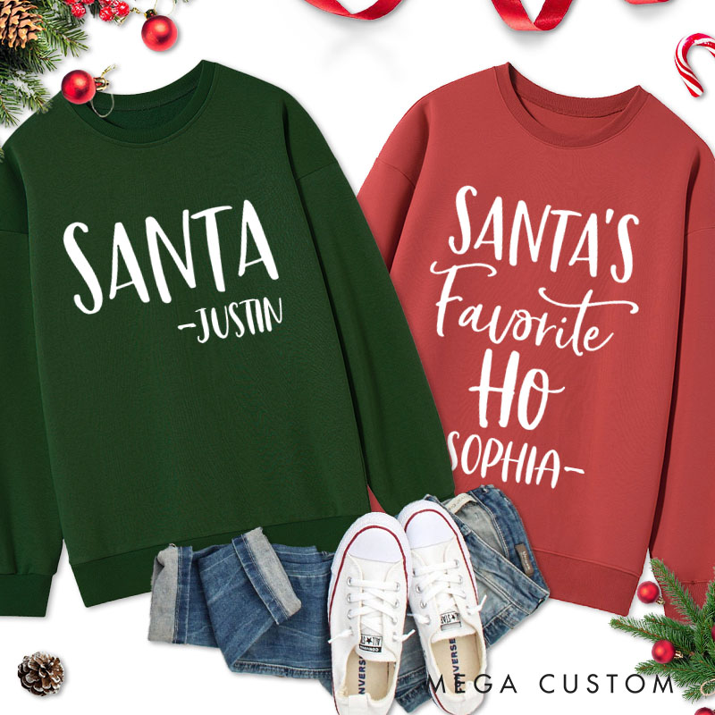 Personalized Couple Santa and Santa's Favorite Ho Christmas Sweatshirt with Name Couple Xmas Matching Sweatshirt for Husband Wife Boyfriend Girlfriend