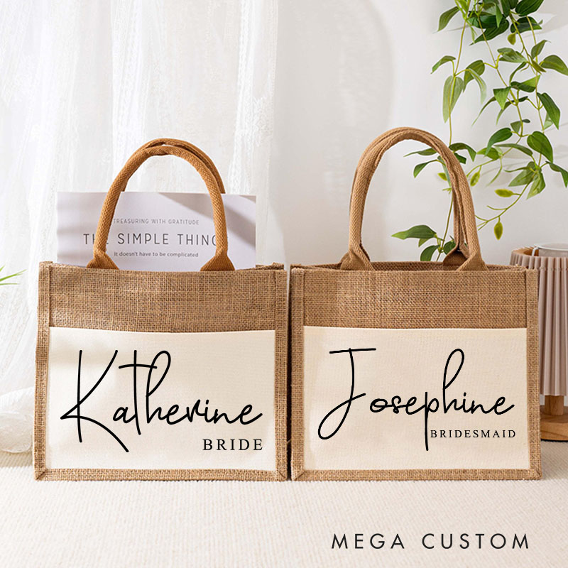 Personalized Bridesmaid Elegant Name Burlap Tote Bag Custom Bride Name and Title Wedding Beach Tote Bag Bachelorette Party Favors Bridal Shower Gift