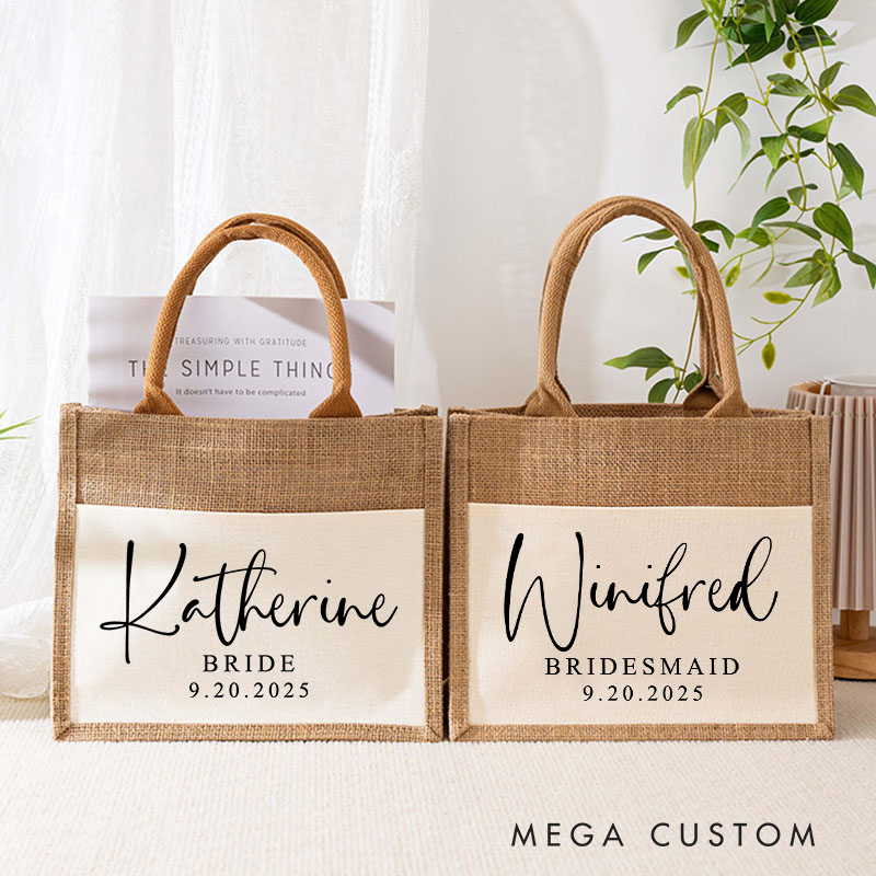 Personalized Bridesmaid Stunning Name Burlap Tote Bag Custom Bride Name and Title Wedding Beach Tote Bag Bachelorette Party Favors Bridal Shower Gift