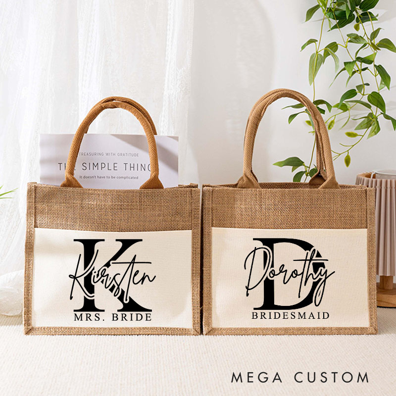 Personalized Bridesmaid Stunning Burlap Tote Bag Custom Bride Initials and Title Wedding Beach Tote Bag Bachelorette Party Favors Bridal Shower Gift