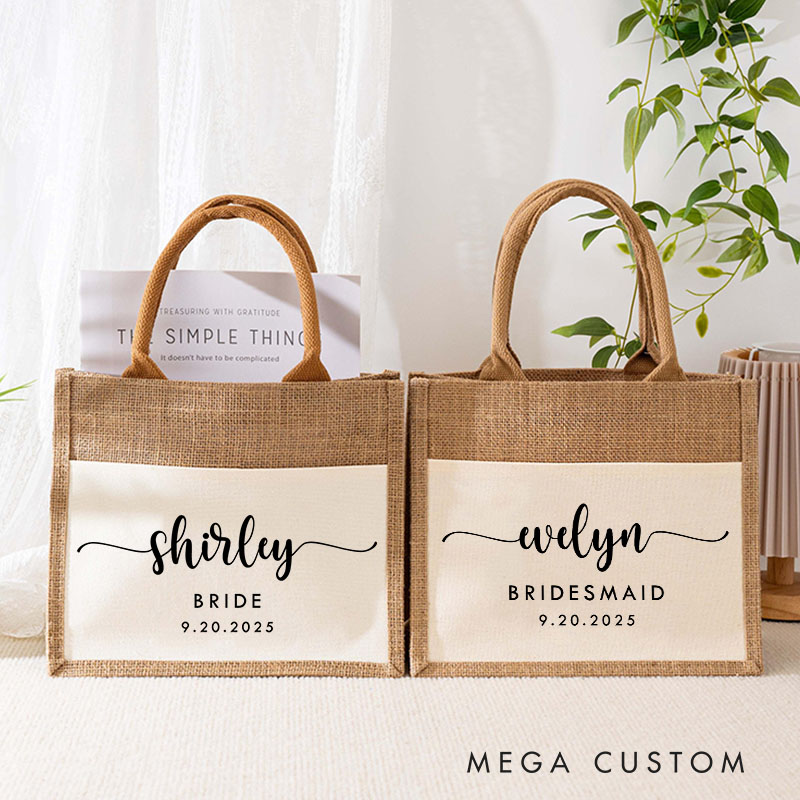Personalized Bridesmaid Graceful Burlap Tote Bag Custom Bride Name and Title Wedding Beach Tote Bag Bachelorette Party Favors Bridal Shower Gift