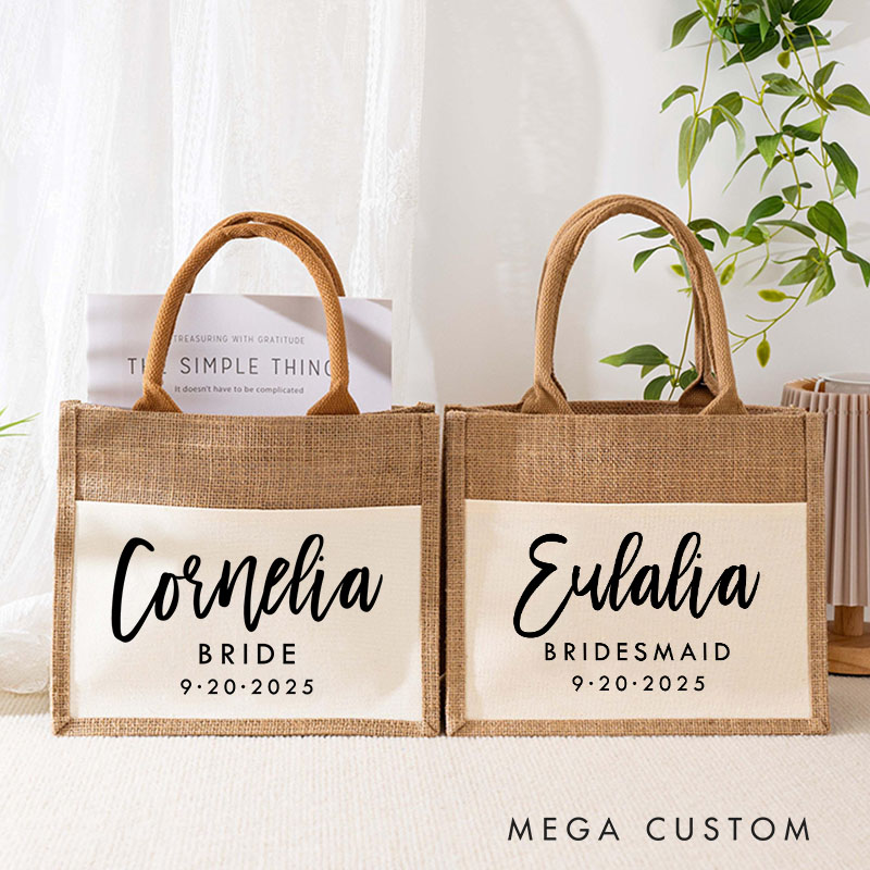 Personalized Bridesmaid Boho Name Burlap Tote Bag Custom Bride Name and Title Wedding Beach Tote Bag Bachelorette Party Favors Bridal Shower Gift