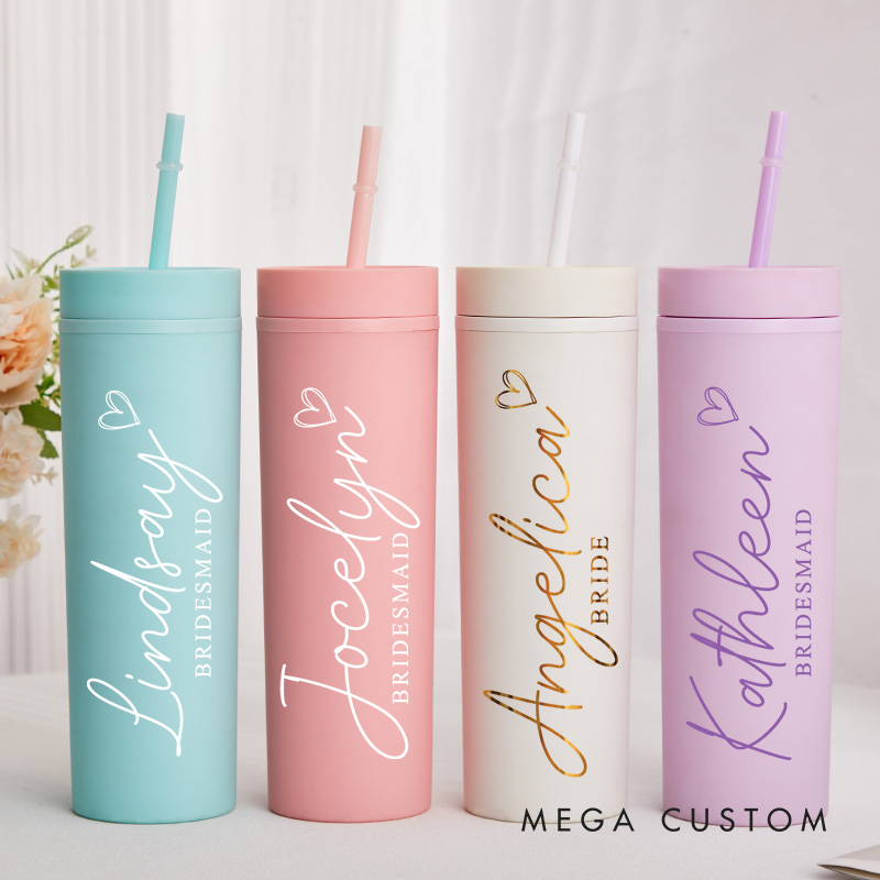Personalized Bridesmaid Name 16oz Skinny Tumbler Custom Bride Name and Title Wedding Tumbler Maid of Honor Bachelorette Party Favor Bridal Shower Gift