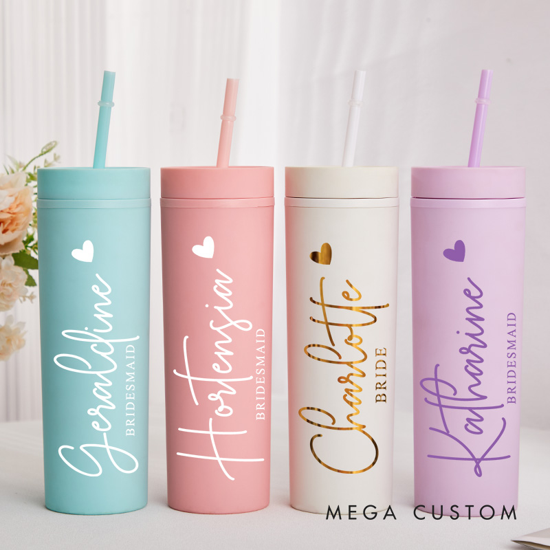 Personalized Bridesmaid 16oz Skinny Tumbler Custom Bride Name with Heart Wedding Tumbler Maid of Honor Bachelorette Party Favor Bridal Shower Gift