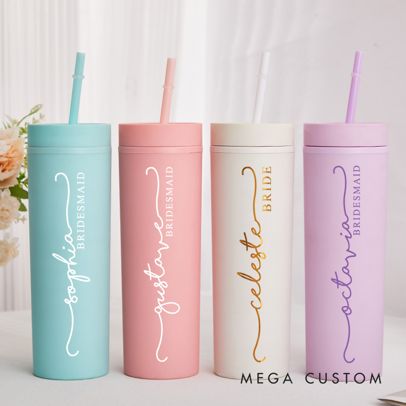 Personalized Minimalist Bridesmaid 16oz Skinny Tumbler Custom Bride Name Wedding Tumbler Maid of Honor Bachelorette Party Favor Bridal Shower Gift