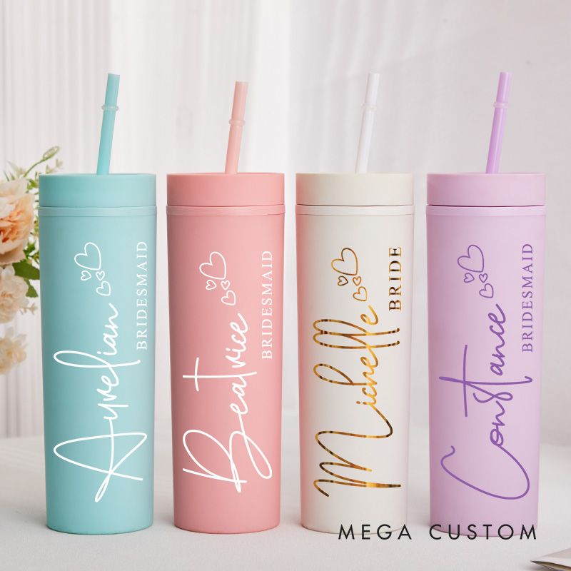 Personalized Gorgeous Bridesmaid 16oz Skinny Tumbler Custom Bride Name with Heart Wedding Tumbler Maid of Honor Bachelorette Party Bridal Shower Gift