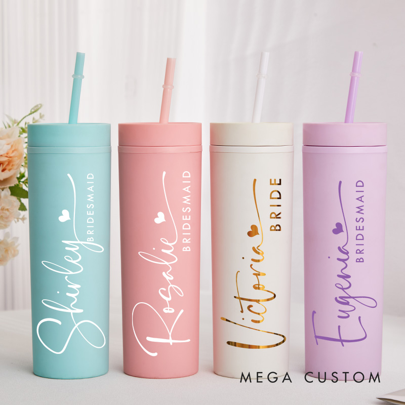Personalized Elegant Bridesmaid 16oz Skinny Tumbler Custom Bride Name with Heart Wedding Tumbler Maid of Honor Bachelorette Party Bridal Shower Gift