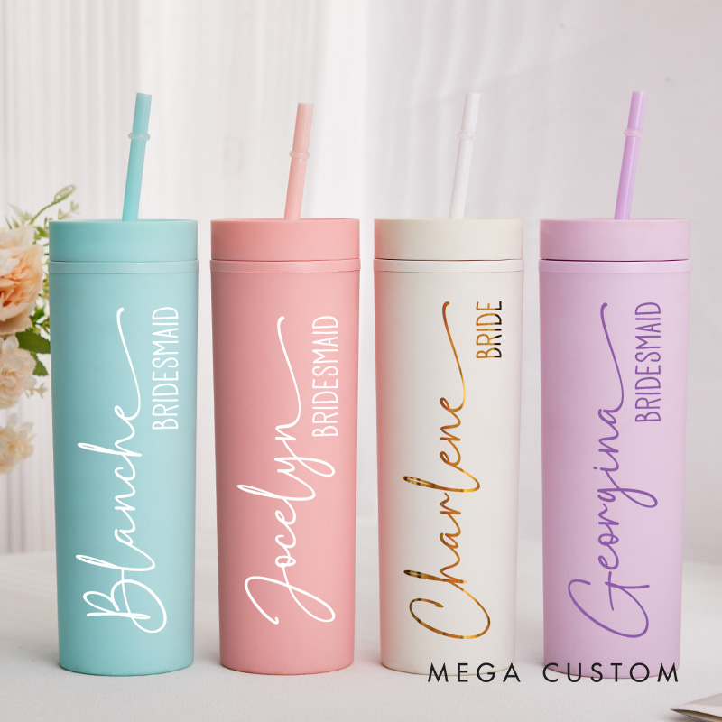 Personalized Refined Bridesmaid 16oz Skinny Tumbler Custom Bride Name with Heart Wedding Tumbler Maid of Honor Bachelorette Party Bridal Shower Gift