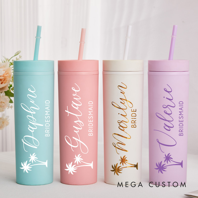 Personalized Bridesmaid Palm Tree 16oz Skinny Tumbler Custom Bride Name and Title Wedding Tumbler Maid of Honor Bachelorette Party Bridal Shower Gift